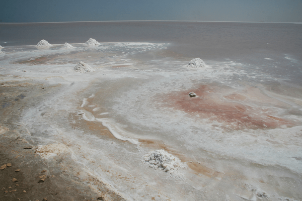 Salt extraction in the shallow waters of Shanna Lagoon.